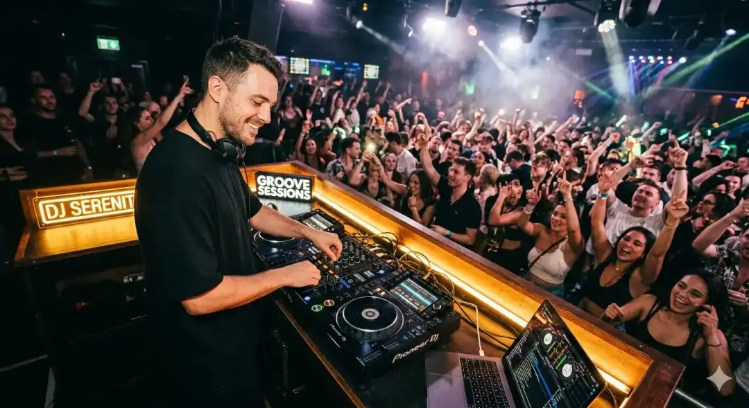 DJ pinchando en la cabina de una discoteca con la sala llena