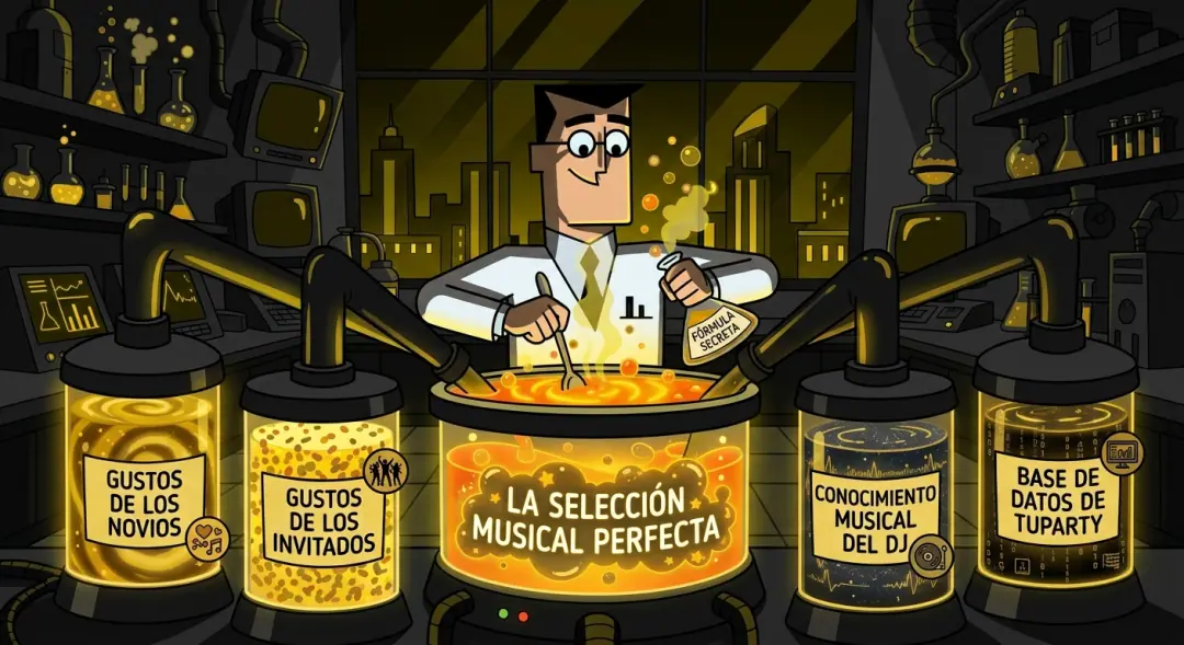Ilustración: los cuatro ingredientes de la selección musical perfecta mezclándose en un laboratorio
